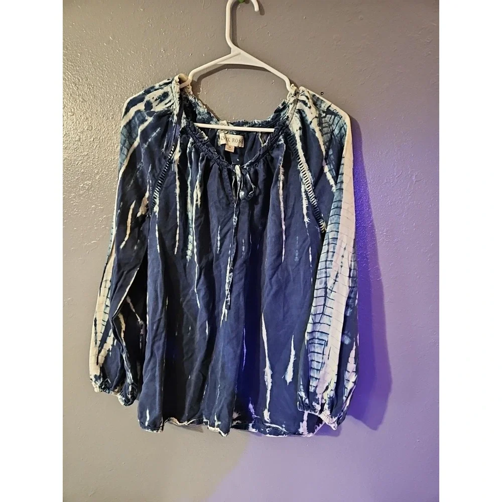 Knox Rose Blue/white Tie Dye Flowy Blouse Womens Medium Thin Long Sleeve (A716)
